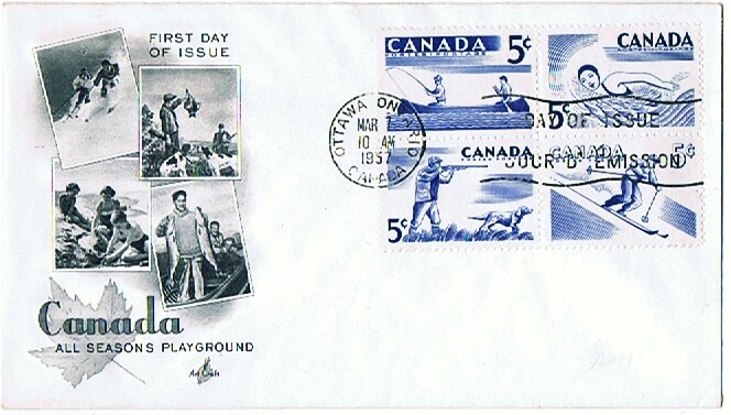 1957  Fishing, Hunting, Swimming, Skiing  SC 365-8  FDC Rose Craft Cachet - 1952-1960