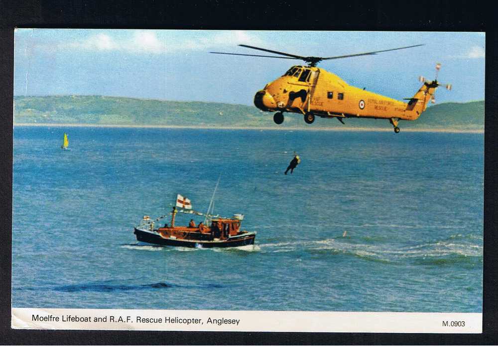 RB 634 - Postcard Moelfre Lifeboat & R.A.F. Rescue Helicopter Anglesey Wales - Anglesey