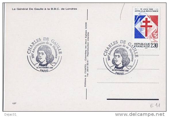 Thème De Gaulle - Oblitération Temporaire Paris 22 Nov 1990 - R 2876 - De Gaulle (General)