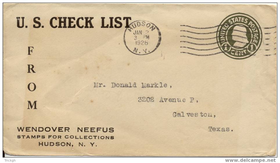 USA Stationary Hudson NY 1926 / Wendover Neefus Stamps - 1921-40