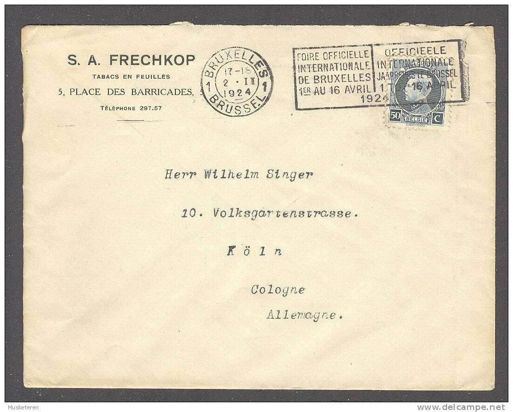 Belgium S. A. FRECHKOP Tabacs En Feuilles Bruxelles Commercial Cancel Cover To Cologne Allemagne - Lettres & Documents