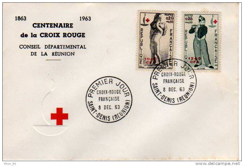 974 CENTENAIRE DE LA CROIX ROUGE 1963 CONSEIL DEPARTEMANTALE DE LA REUNION  PREMIER JOUR ST DENIS - Croce Rossa