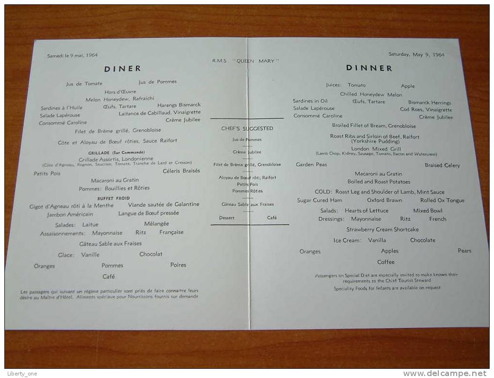 R.M.S. " QUEEN MARY " / MAY 9, 1964 - DINNER ! - Menus