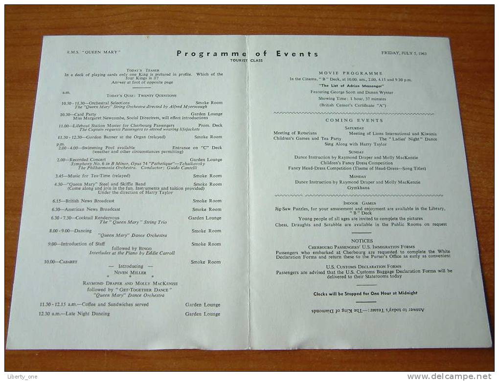 R.M.S. " QUEEN MARY " JULY 5, 1963 - PROGRAMME OF EVENTS - TOURIST CLASS ! - Programme