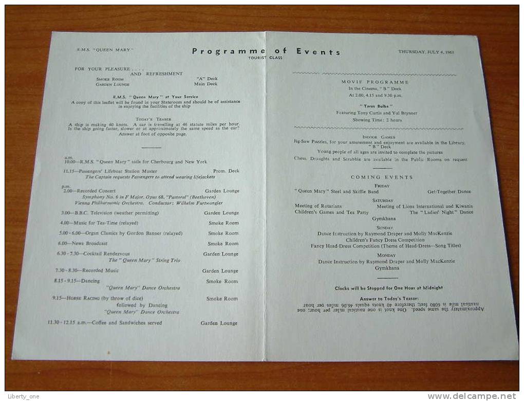 R.M.S. " QUEEN MARY " JULY 4, 1963 - PROGRAMME OF EVENTS - TOURIST CLASS ! - Programme