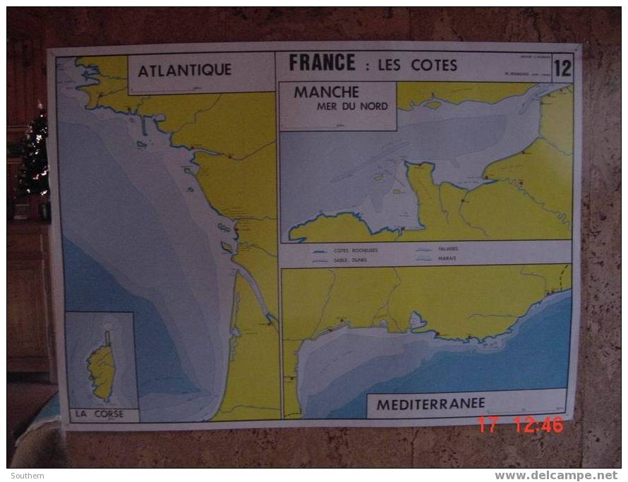 Tableau Scolaire Anscombre - La France Le Reseau Hydrographique Seine Loire - Les Côtes Manche Atlantique Méditerranée - Didactische Kaarten