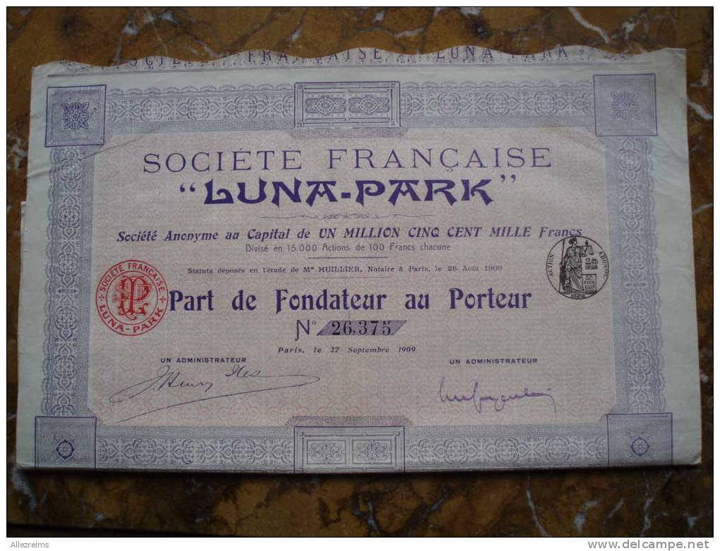 Part De Fondateur Au Porteur LUNA-PARK - Autres & Non Classés