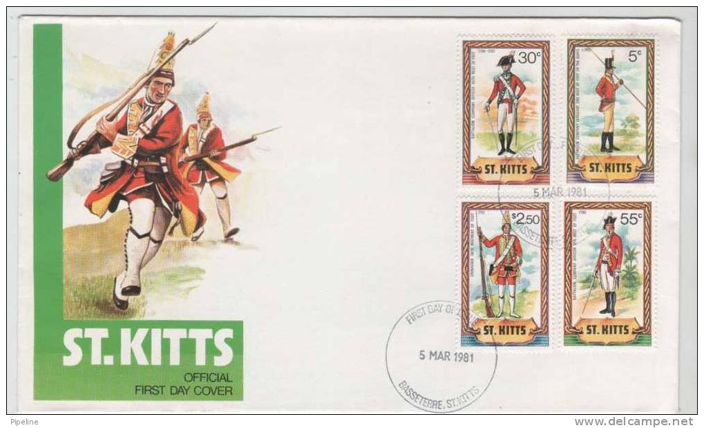 Saint Kitts FDC 5-3-1981 Complete Set Of 4 UNIFORMS With Cachet - St.Kitts And Nevis ( 1983-...)