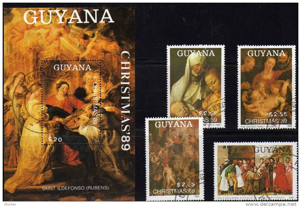 Weihnachten 1989 GUYANA 3072/6 Plus Block 71 O 54€ Gemälde Tizian Dürer Rubens On Art Bloc Christmas Sheet Of America - Guyane (1966-...)