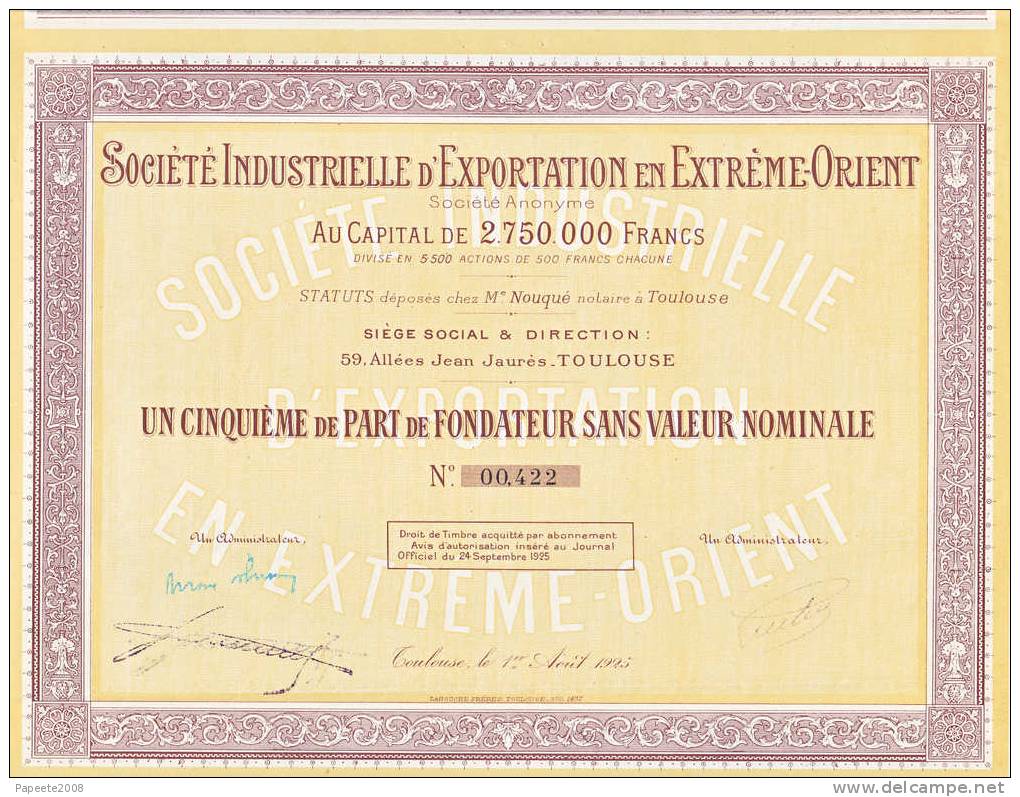 Indochine - Société Industrielle D´exportation En Extrème-orient - "Rare" - Asie