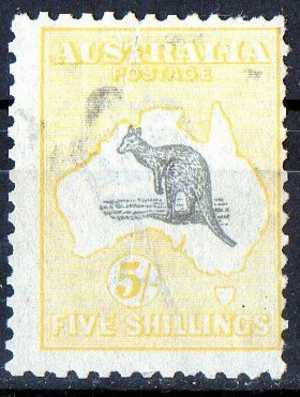 Australia 1915 5 Shillings Grey & Yellow Kangaroo 3rd Watermark (Wmk 10) Used - Centred Hi & Right - SG42 - Oblitérés
