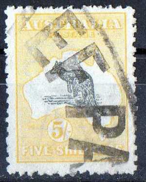 Australia 1915 5 Shillings Grey & Yellow Kangaroo 3rd Watermark (Wmk 10) Used - Parcel Cancel - SG42 - Used Stamps