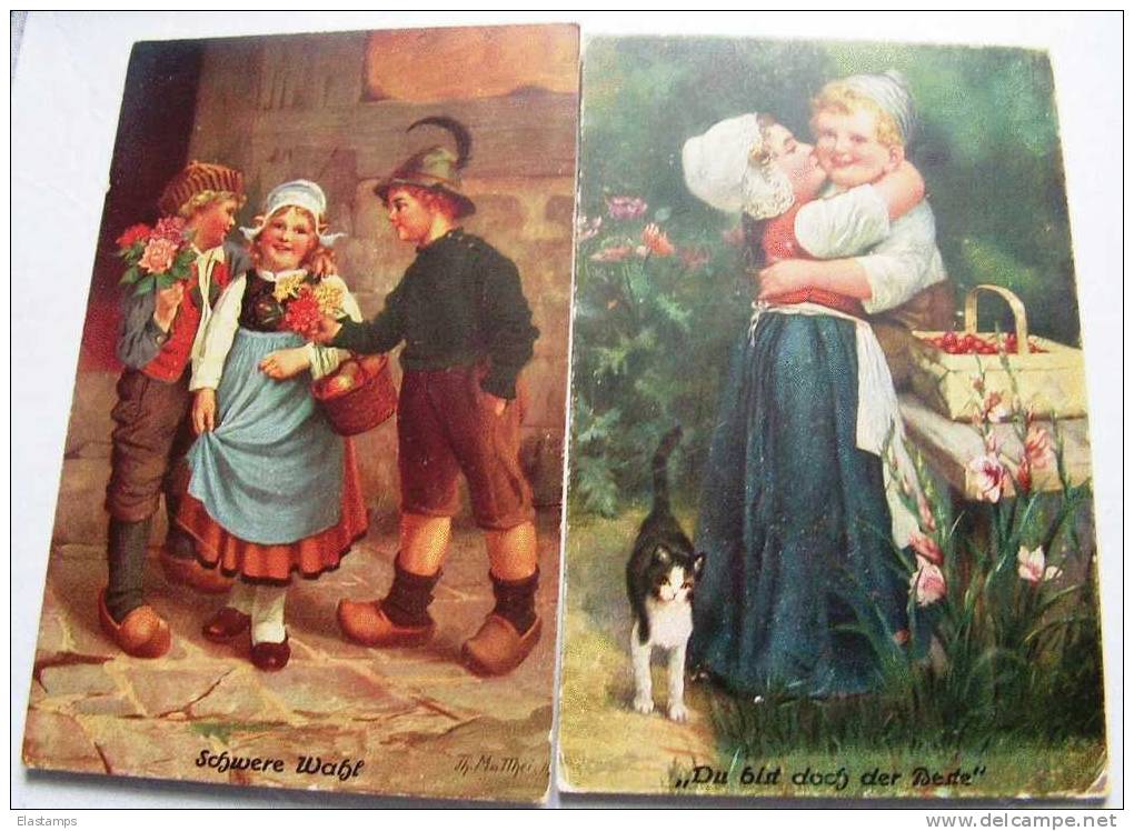 == Kinder ,2 Künstler AKs  Sign. T Matthei  - 1919 Kattze , Holzschuhe , - Sammlungen, Lose & Serien