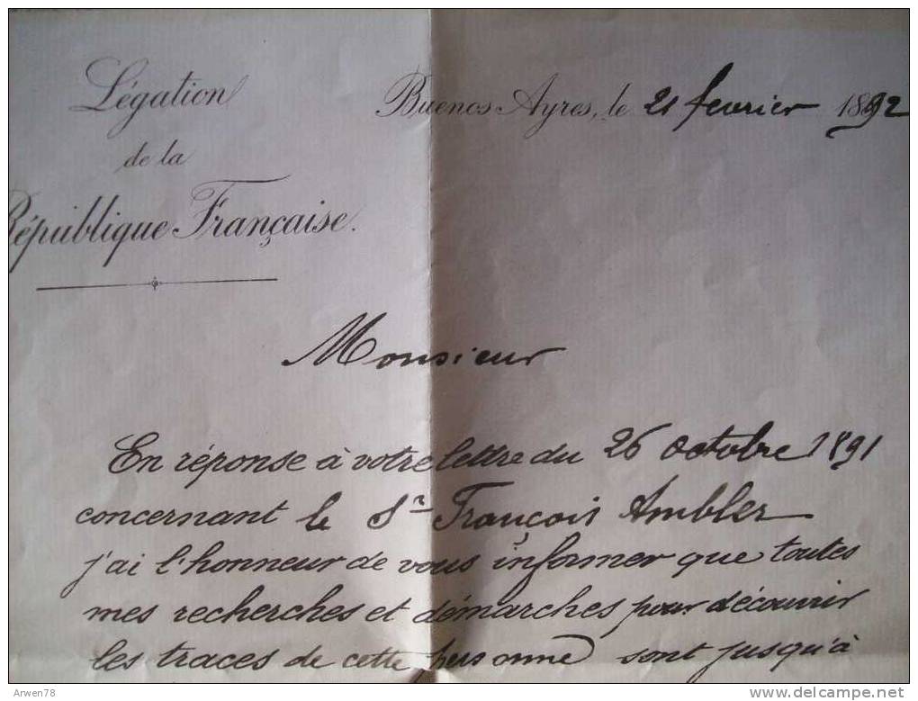 Belle Lettre Autographe D'un Ministre De La France 1892 Buenos Ayres 3 Scans - Other & Unclassified