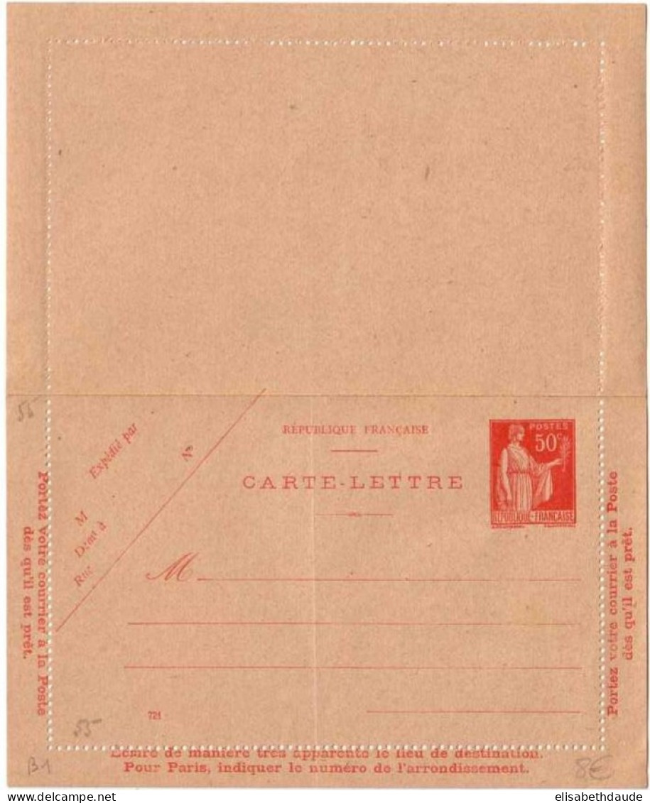 TYPE PAIX - CARTE LETTRE ENTIER POSTAL  à 50c - NEUVE - Kaartbrieven