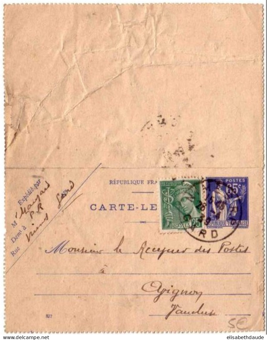 TYPE PAIX - CARTE LETTRE ENTIER POSTAL à 65c  - Avec Complement MERCURE De NIMES (GARD) - 1939 - Letter Cards