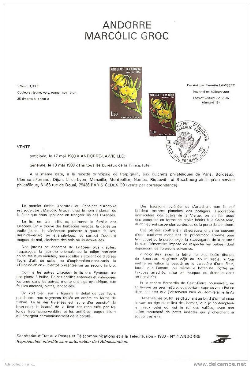46230) FRANCIA BOLLETTINO ILLUSTRATIVO ANDORRA FDC CON SERIE COMPLETA MARCOLIC GROC   17-5-1980 - Usados