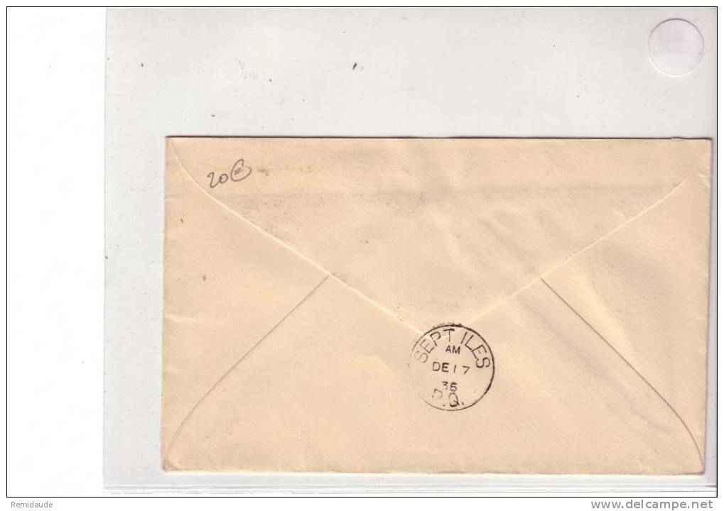 1936 - LETTRE Par POSTE AERIENNE - AIRMAIL - De RIMOUSKI Pour ROTHERHAM (ENGLAND) - LIAISON RIMOUSKI-SEPT ILES - Luftpost