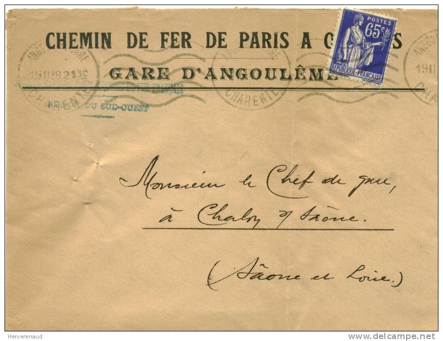 Paix N°365 Sur Lettre Des Chemins De Fer Pais-Orléans, D'Angoulême à Chalon-sur-Saône - 1932-39 Vrede