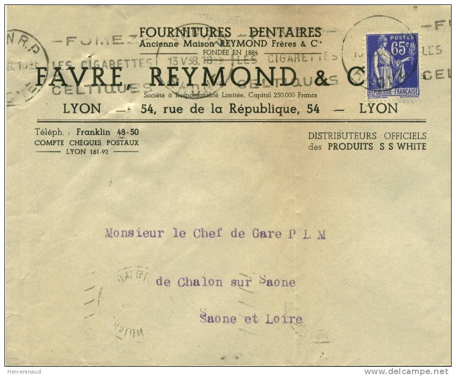 Paix N°365 Sur Lettre Des Ets Favre & Reymond à Lyon , Pour Chalon-sur-Saône - 1932-39 Vrede