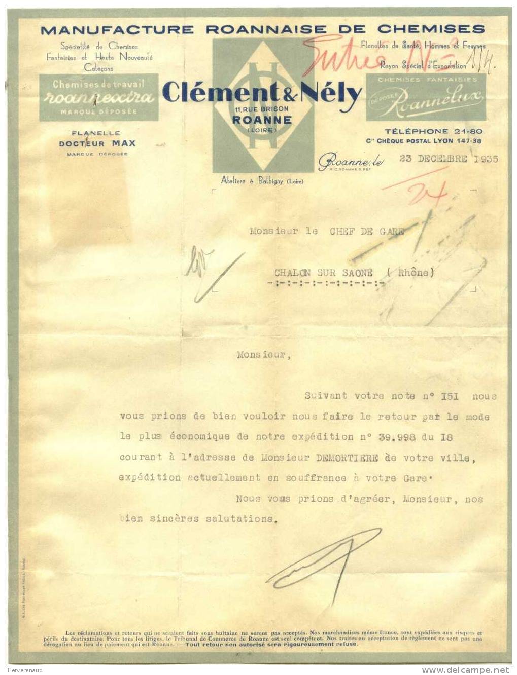 Paix N°365 Sur Lettre "chemises Clément & Nély" à Roanne , Pour Chalon-sur-Saône - 1932-39 Vrede