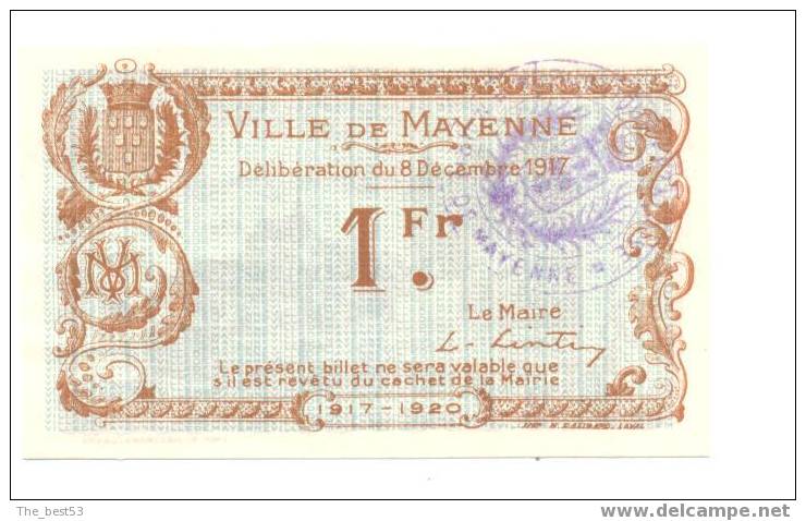 Billet De Nécéssité De 1 Fr Ville De Mayenne - Cámara De Comercio
