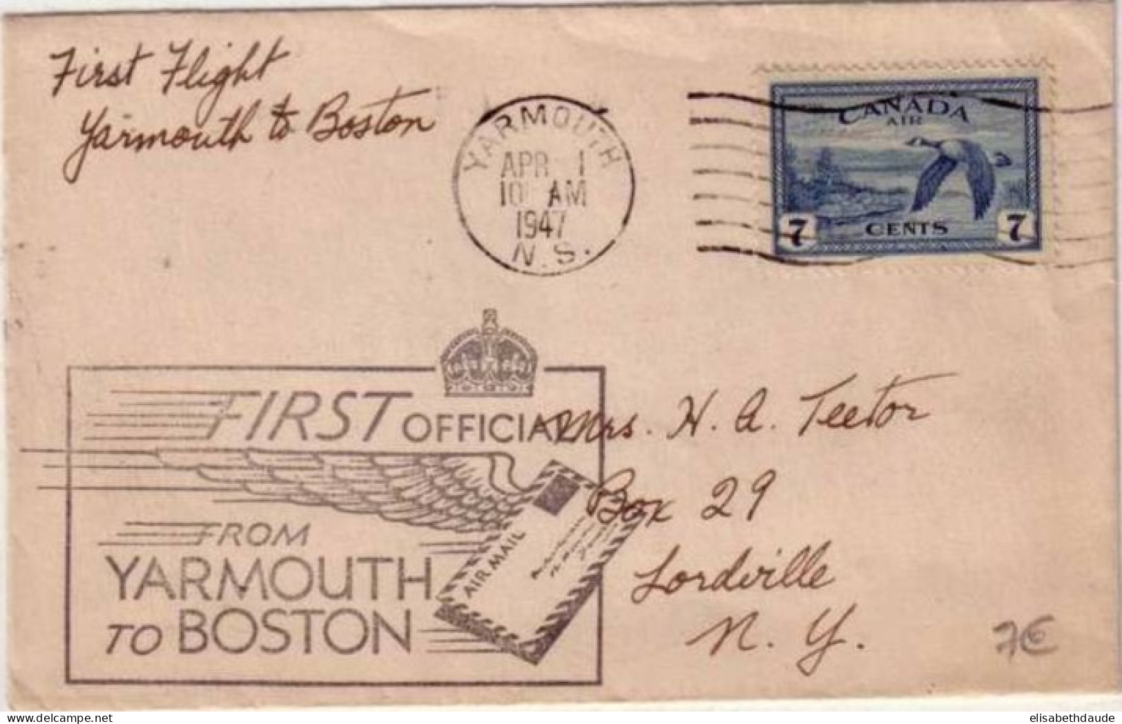 1947 -  LETTRE PAR AVION (AIRMAIL) De YARMOUTH Pour LORDVILLE (USA) - 1° VOL YARMOUTH - BOSTON - Aéreo