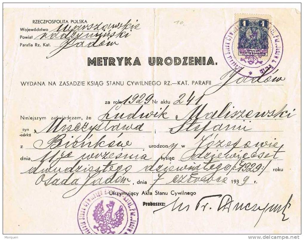 Certificado De Nacimiento JADOM (Polonia) 1939 Fiscal - Fiscaux