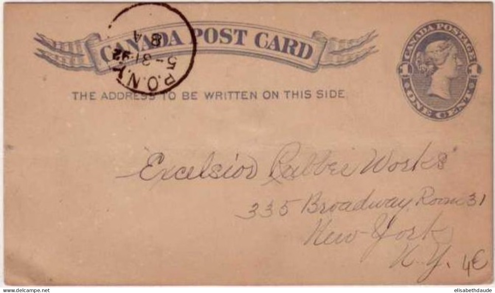 CANADA - 1892 - CP  ENTIER Au TYPE VICTORIA  - PONY => NEW YORK - 1860-1899 Règne De Victoria