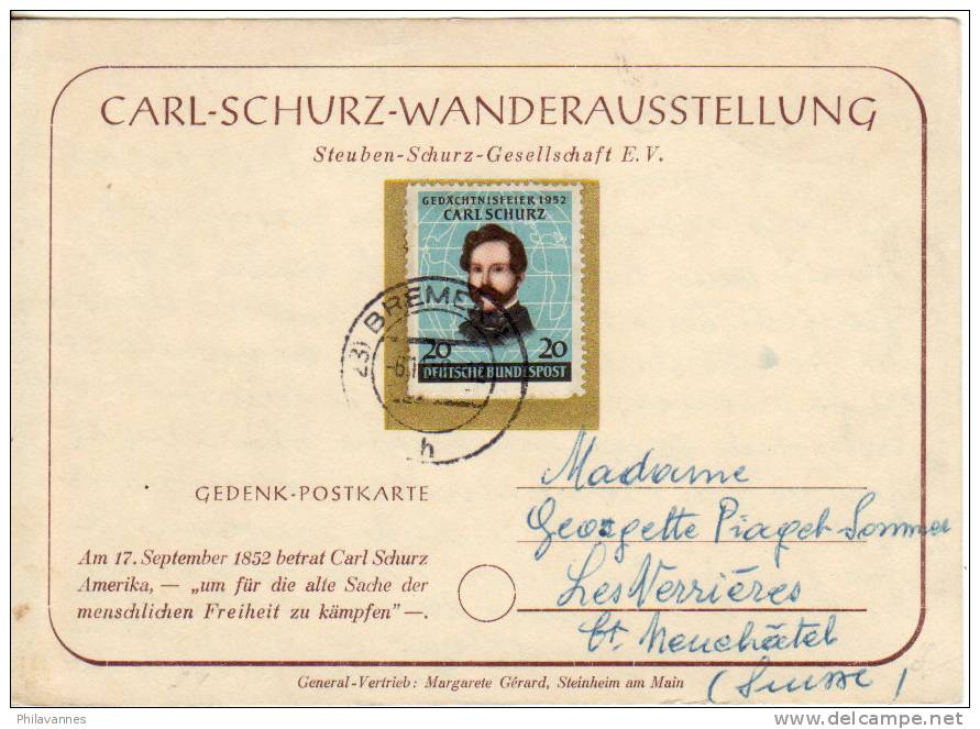 Bremen 1952 Carl-Schurz    ( 1035/d201) - Covers & Documents