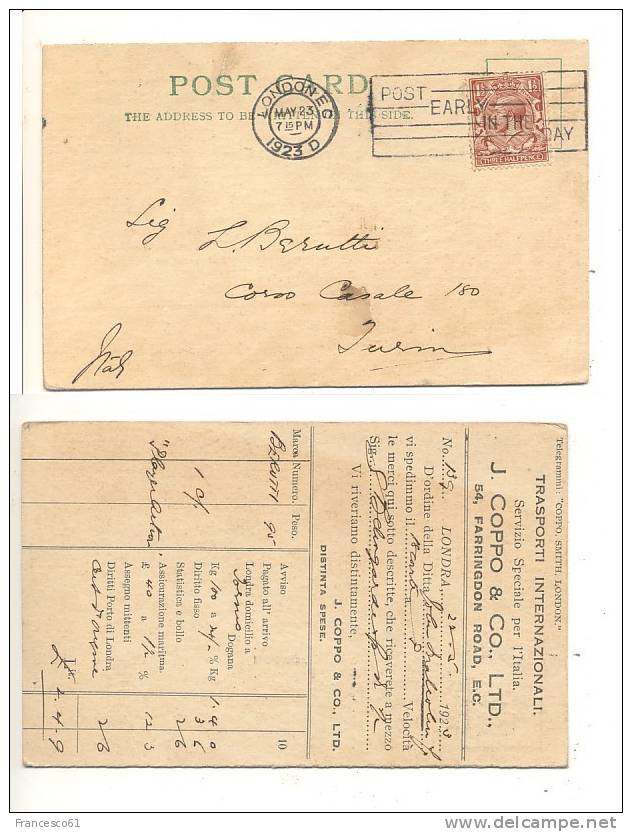 740$$$ 1923 ENGLAND 1,5p Card To Italy - Briefe U. Dokumente