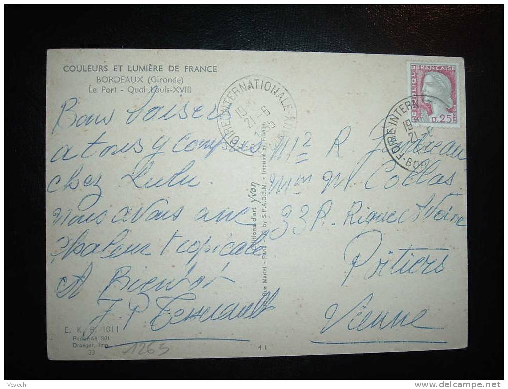 CP TYPE MARIANNE DE DECARIS 0,25 F OBL. 21-06-1965 FOIRE INTERNATIONALE BORDEAUX (33 GIRONDE) - 1960 Marianne Of Decaris