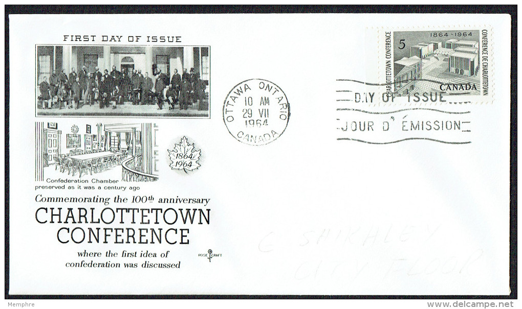 1964  Charlottetown Conference Sc 431   FDC Rose Craft Cachet - 1961-1970