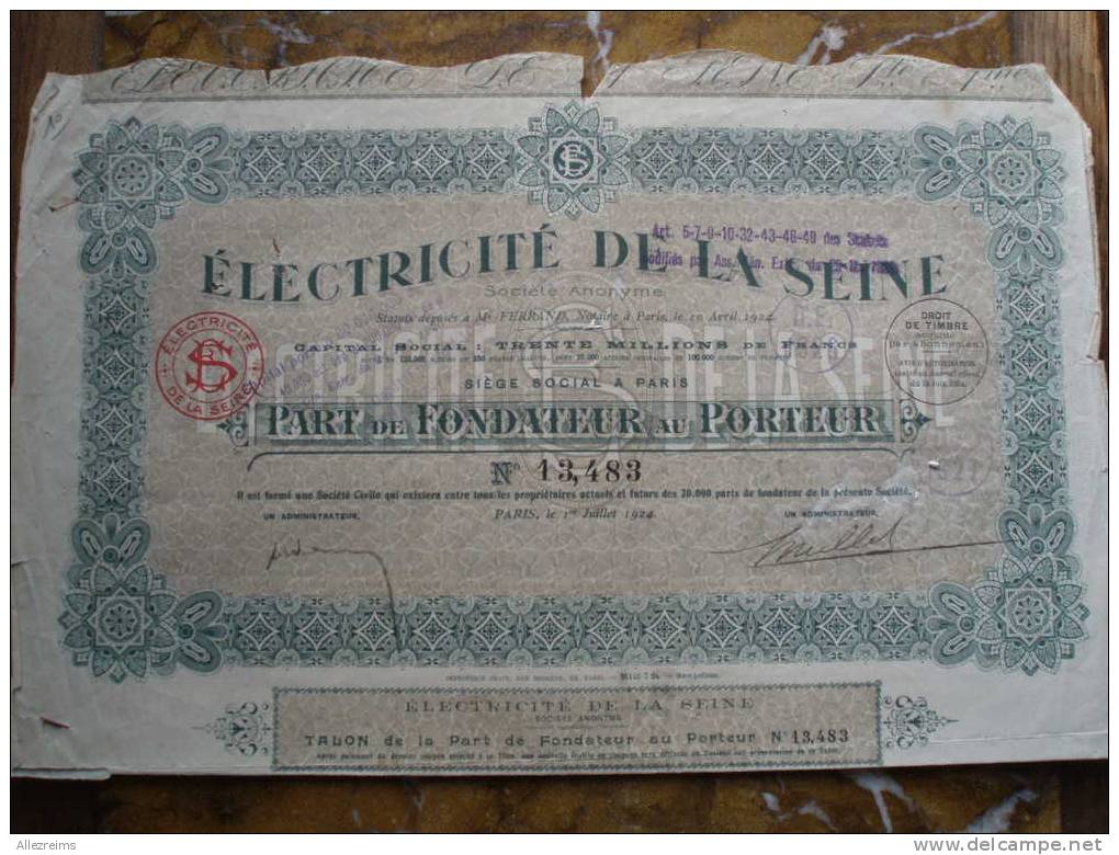 Part De Fondateur Au Porteur ELECTRICITE DE LA SEINE - Autres & Non Classés