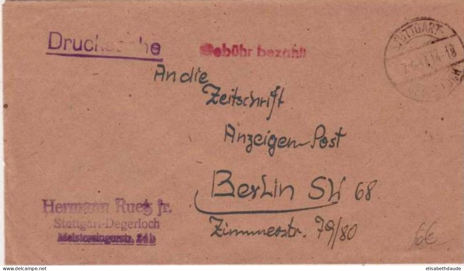 BADEN WÜRTTEMBERG - GEBÜHR BEZAHLT - TAXE PERCUE - 1947 - LETTRE De STUTTGART Pour BERLIN - Amtliche Ausgaben