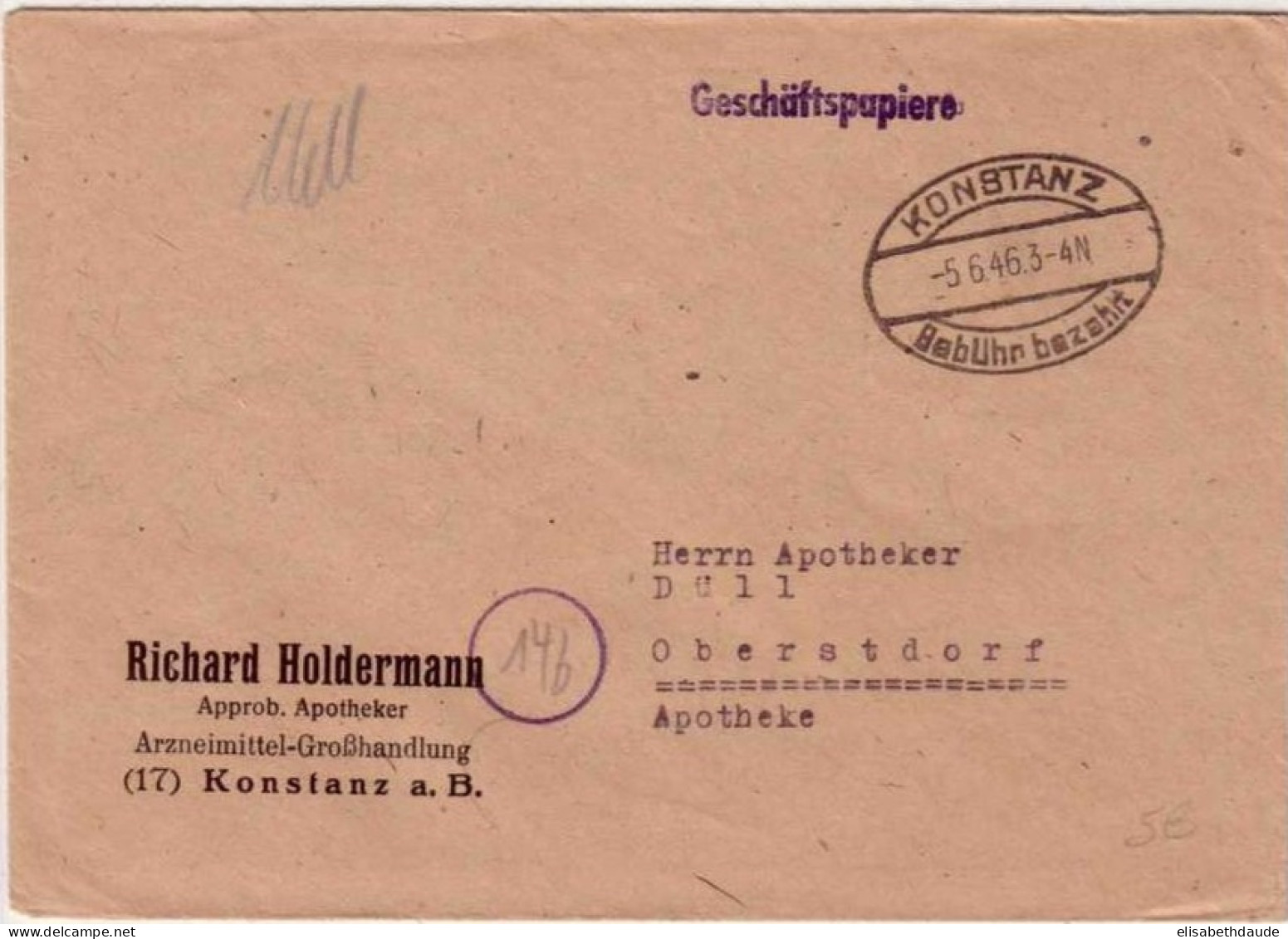 BADEN WÜRTTEMBERG - GEBÜHR BEZAHLT - TAXE PERCUE - 1946 - LETTRE De KONSTANZ (BODENSEE) - Emissions Générales