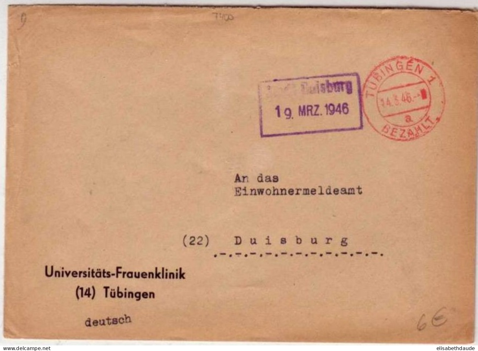 BADEN WÜRTTEMBERG - GEBÜHR BEZAHLT - TAXE PERCUE - 1946 - LETTRE De TÜBINGEN 1 - Württemberg