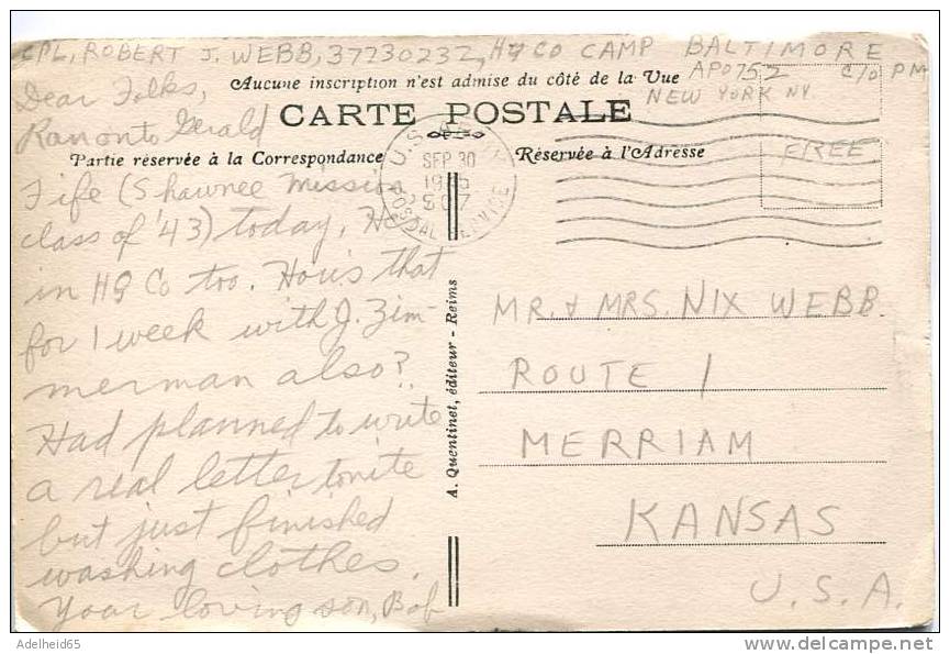 Reims Conservatoire De Musique Et Maison Mutualité,  US Army Soldier Mail 1945 Pour Merriam Kansas - Reims