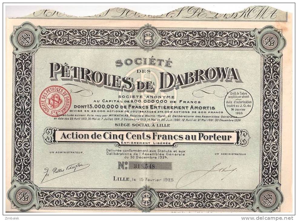 SOCIETE DES PETROLES DE DABROWA - Erdöl