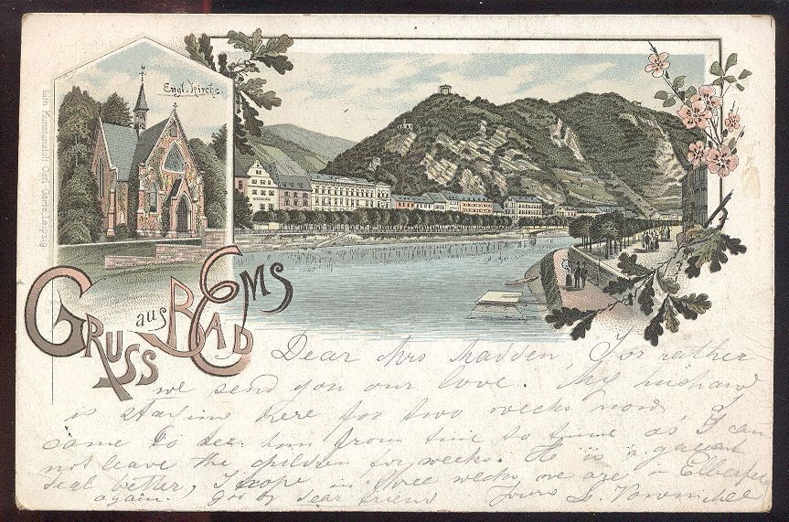 ALTE LITHO POSTKARTE GRUSS AUS BAD EMS 1897 ENGLISCHE KIRCHE British Church Ansichtskarte AK Cpa Postcard - Greetings From...