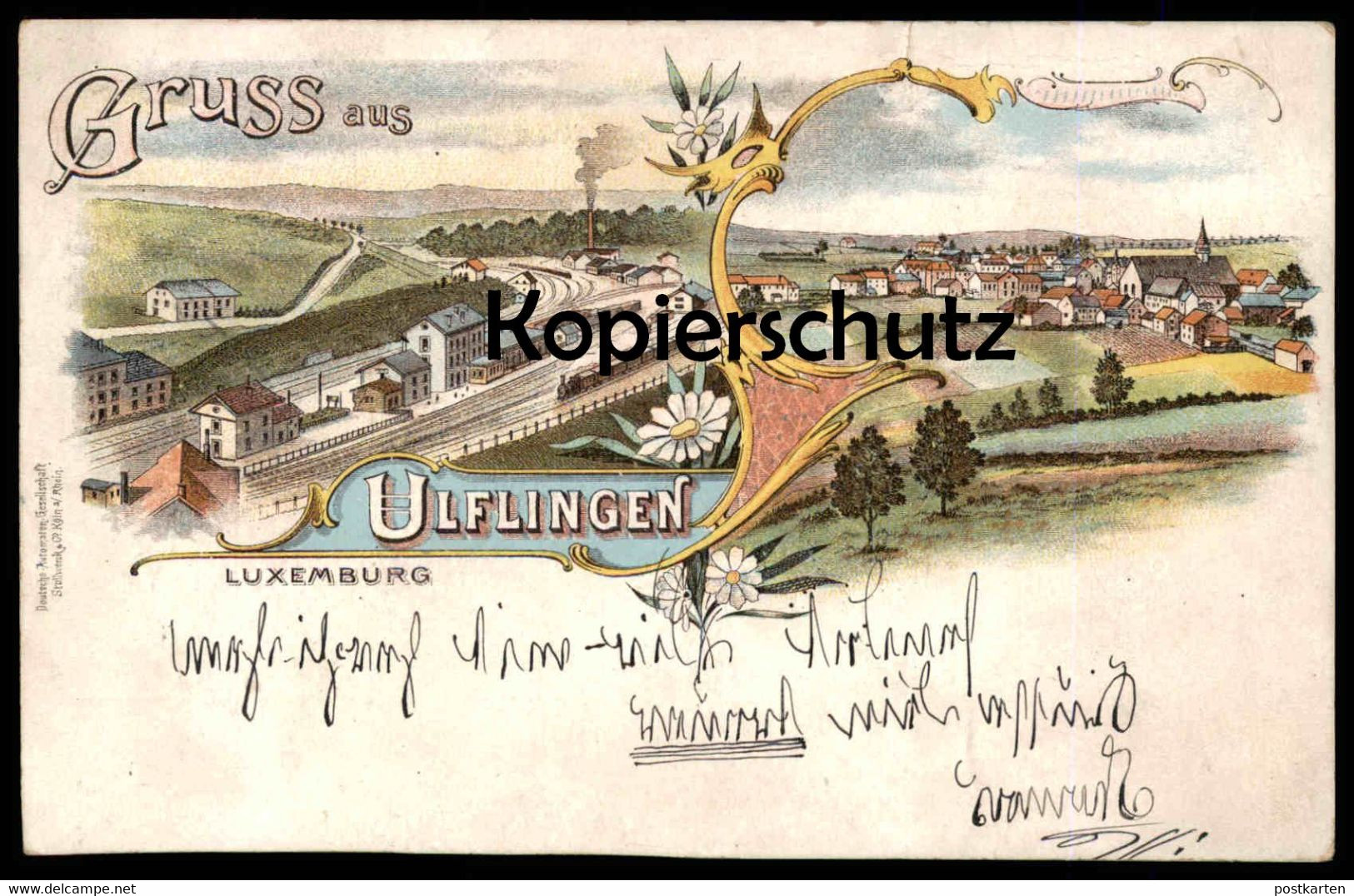 ALTE LITHO POSTKARTE GRUSS AUS ULFINGEN LUXEMBURG LUXEMBOURG BAHNHOF Station Gare Stollwerck Automaten Köln AK Postcard - Ulflingen