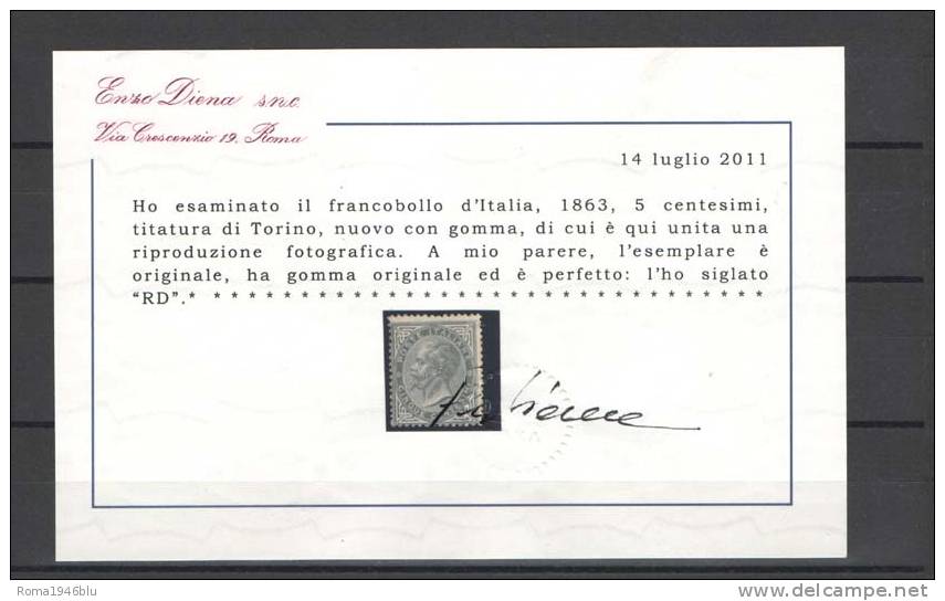 REGNO 1863 5 CENT. TIRATURA DI TORINO * CERTIFICATO DIENA - Neufs