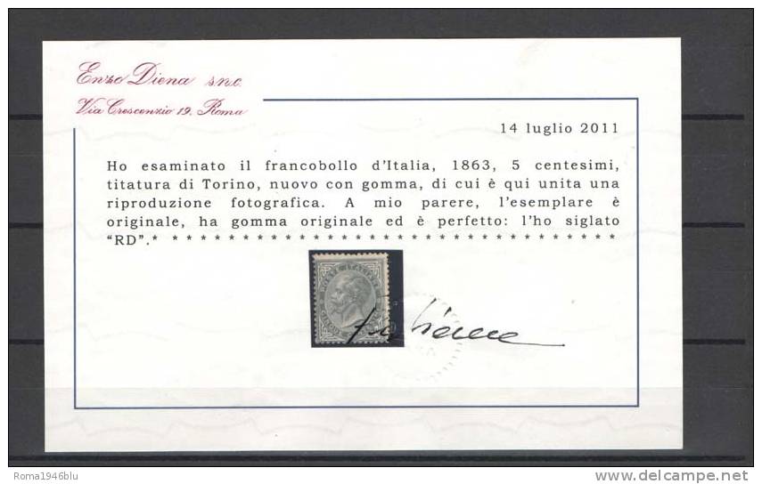 REGNO 1863 5 CENT. TIRATURA DI TORINO * CERTIFICATO DIENA - Mint/hinged