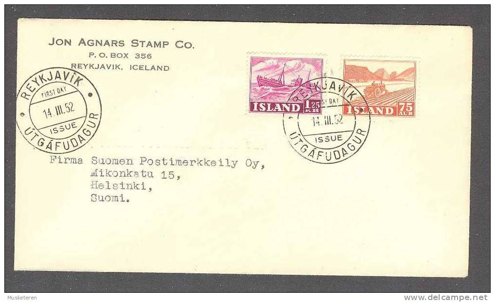 Iceland 1952 FDC Cover PRIVATE Print Ackerbau & Schiffahrt Farming & Sailing JON AGNARS STAMP CO Reykjavik To Finland - FDC