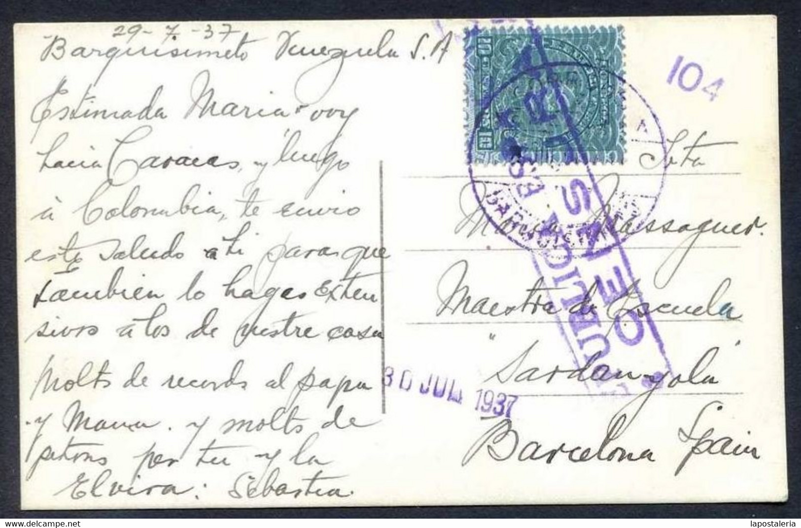 Venezuela. RPPC. Circulada 1937 + Censura Española. - Venezuela