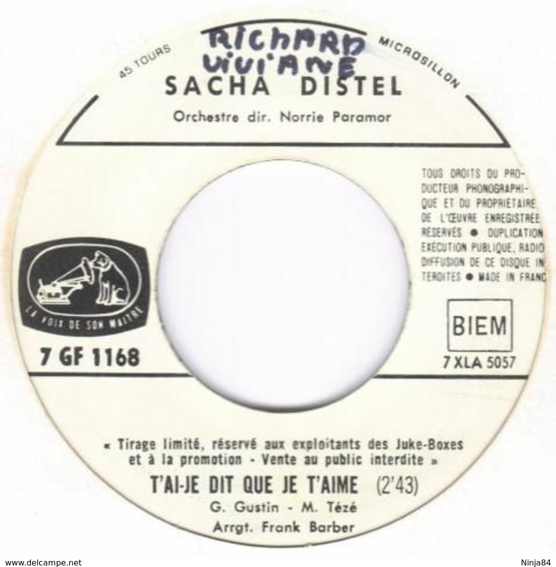 SP 45 RPM (7")  Sacha Distel  "  T'ai-je Dis Que Je T'aime  "  Juke-box  Promo - Collector's Editions