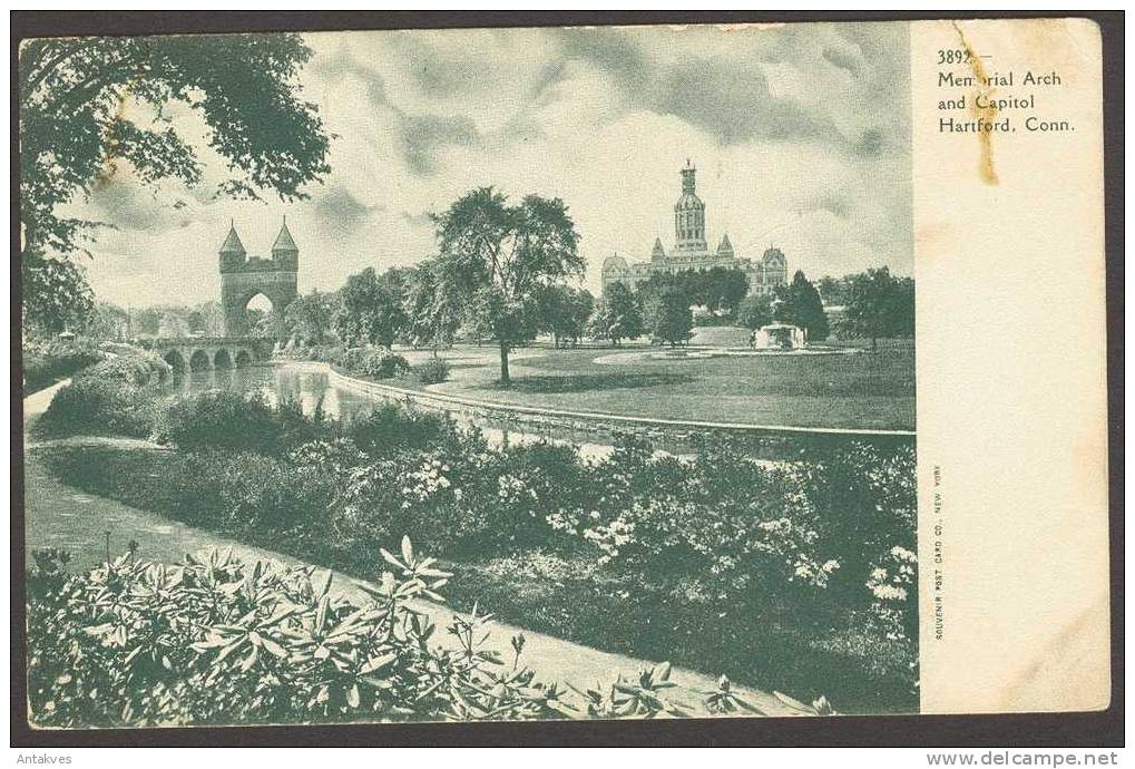 USA PC Memorial Arch & Capitol, Hartford, Connecticut See Scan Soiled ! - Hartford