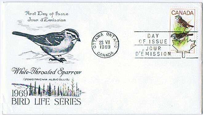 1969 White-throated Sparrow  Bird Sc 496 Rose Craft Cachet - 1961-1970