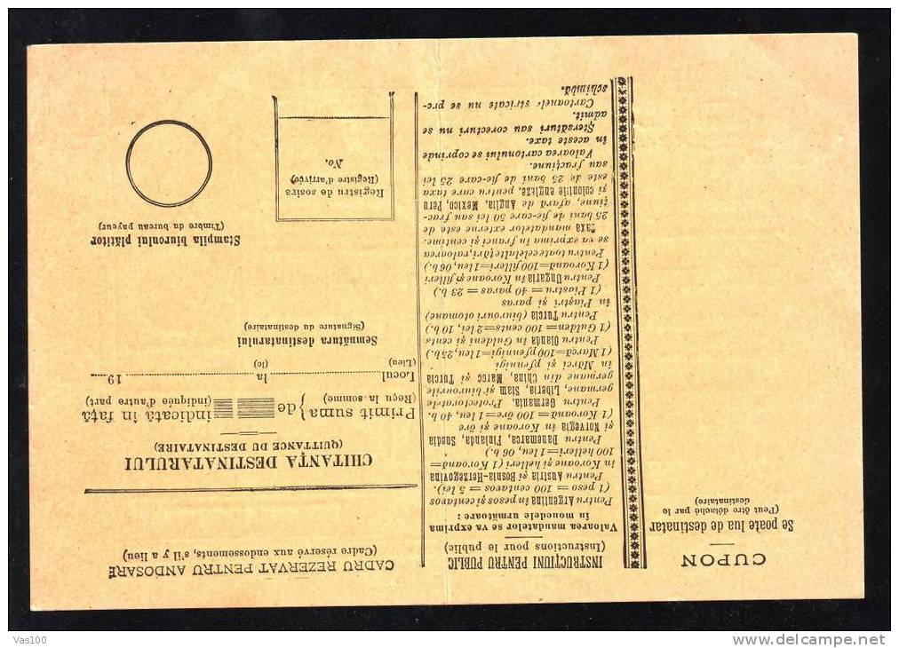 ROMANIA OLD BULETIN D´EXPEDITION MANDATE POSTALE INNTERNATIONALE ,INNTERNATIONAL  MONEY ORDER,IMPRINTED POSTAGE 5 BANI. - Paquetes Postales