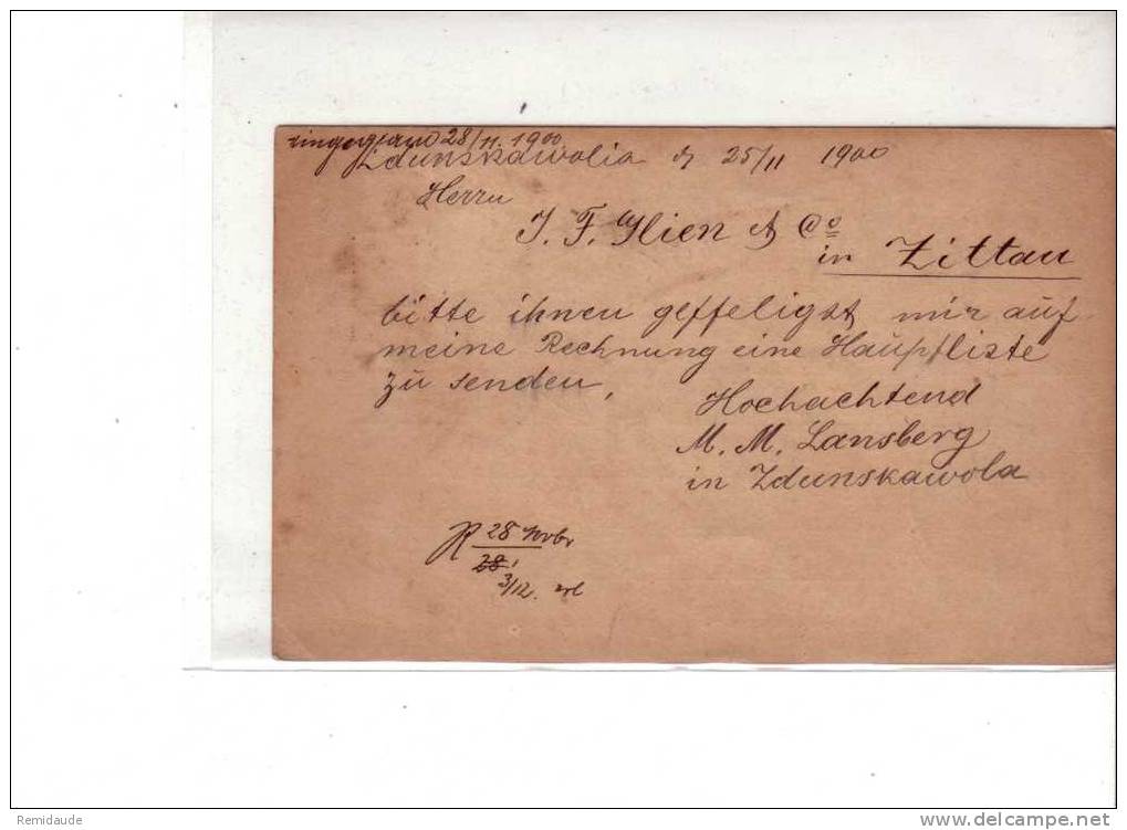 RUSSIE - 1900 - CP ENTIER POSTAL Avec COMPLEMENT => ZITTAU (SACHSEN) - Interi Postali